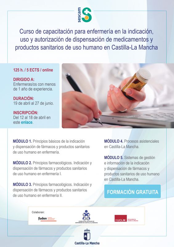 El 19 de abril comienza el curso de acreditación enfermera para indicar, usar y autorizar la dispensación de fármacos